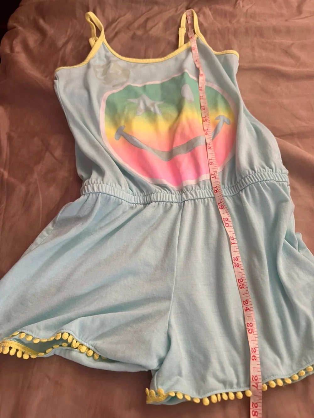 Light Blue Graphic Smiley Romper with Neon Tassled Trim | Size 12